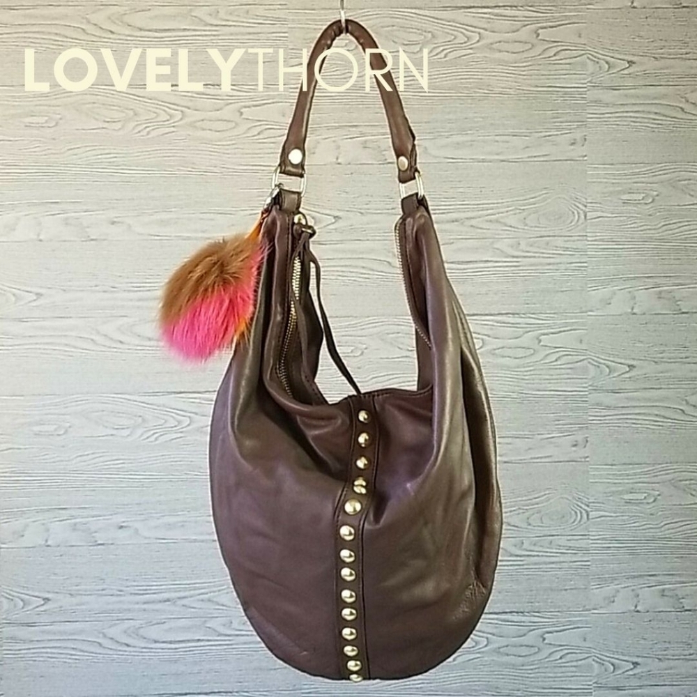 LINEA PELLE // ltd ed brown genuine distressed leather stud hobo bag